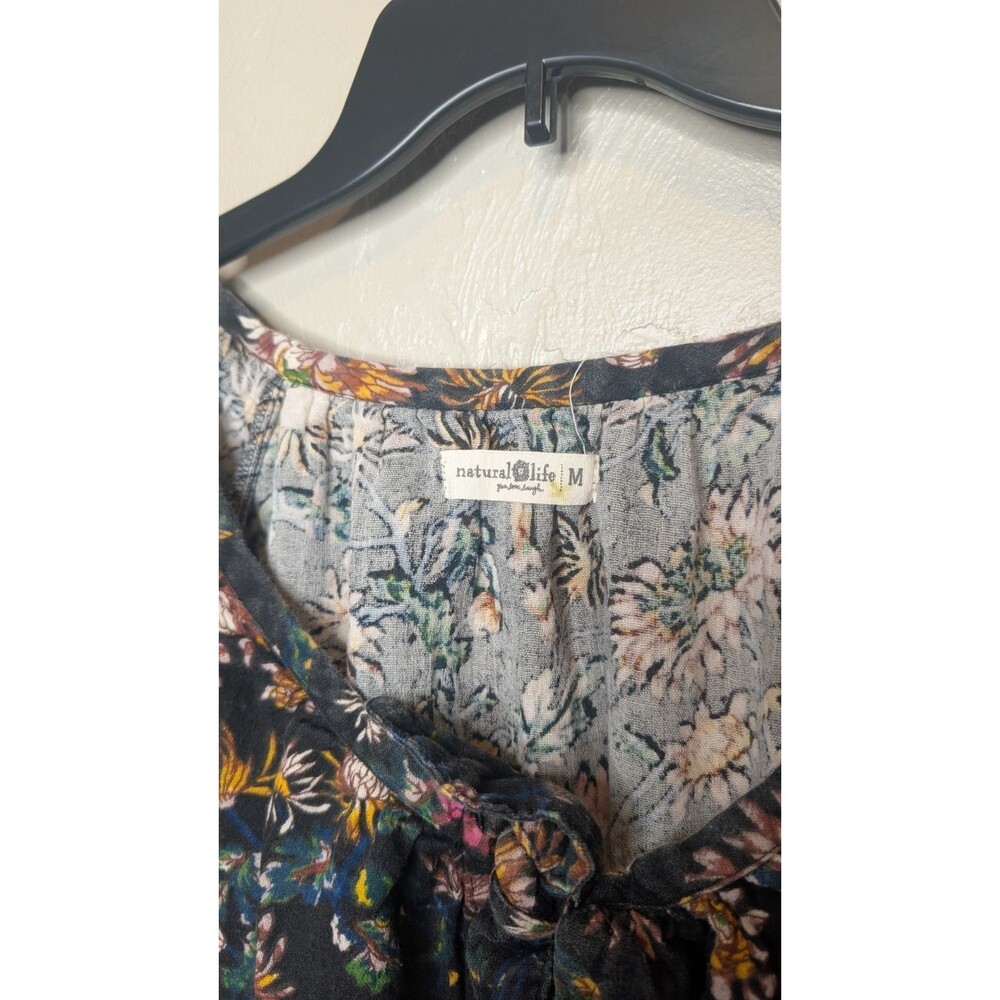 Natural Life Womens Med Black Floral Cotton Gauze Puff Sleeve Sienna Mini Dress - Picture 3 of 8